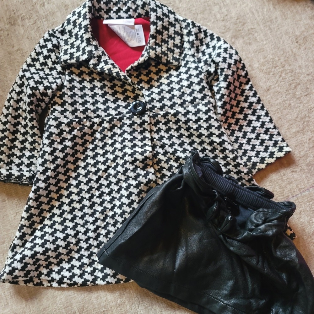 Bonnie Baby Houndstooth Jacket and Faux Leather Skirt Set 12M Black White Chic